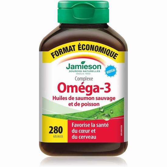 白菜价！Jamieson 健美生 野生三文鱼油 Omega-3胶囊（280粒）超值装3.8折 13.29加元！