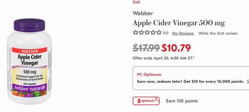 Webber Naturals苹果醋胶囊 240粒 11.39加元（shoppers原价 17.99加元）！缓解炎症，加强消化系统，并帮助健康减肥