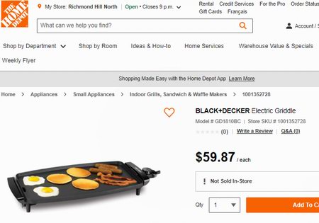 BLACK+DECKER GD1810BC 家用不粘底电烤盘/铁板烧4.1折 24.98加元！