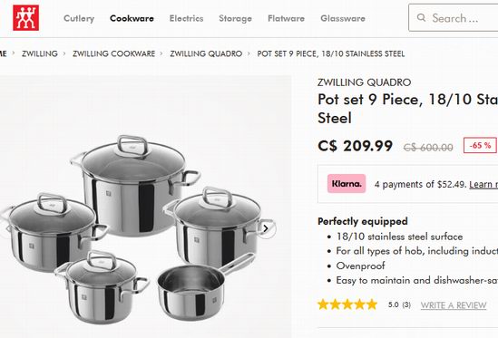 史低白菜价！ZWILLING 双立人 Quadro 不锈钢锅具9件套2.5折 149.99加元包邮！