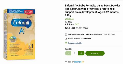 Enfamil A+婴儿配方奶粉1段 46.72加元（walmart同款 61.48加元）