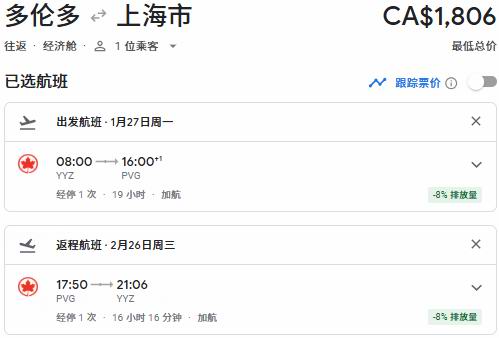 Air Canada 加航闪购，春节往返中国99、单飞中国8、东京66、温哥华6、纽约0、夏威夷7、洛杉矶8、奥兰多5！