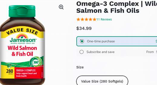 缩略图 | 3.4折！Jamieson 健美生野生三文鱼油 Omega-3胶囊超值装13.29加元