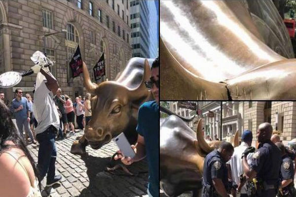 缩略图 | 美国纽约地标华尔街铜牛被砸，反引来更多游客合照