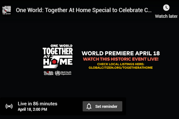 缩略图 | 【视频直播】世界群星抗疫直播秀《One World: Together At Home》：免费观看全球明星表演