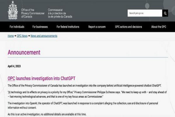 缩略图 | 全球第二家！加拿大开始对ChatGPT开发公司OpenAI进行调查！