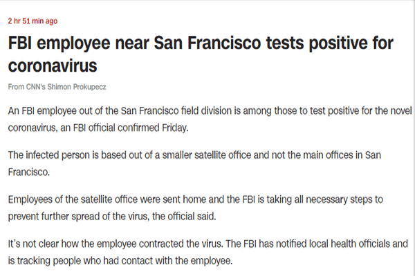 缩略图 | 美国FBI雇员新冠病毒检测呈阳性，感染途径未知