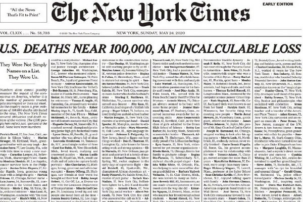 缩略图 | 纽约时报用整个头版列千名死者生前信息：他们曾是我们