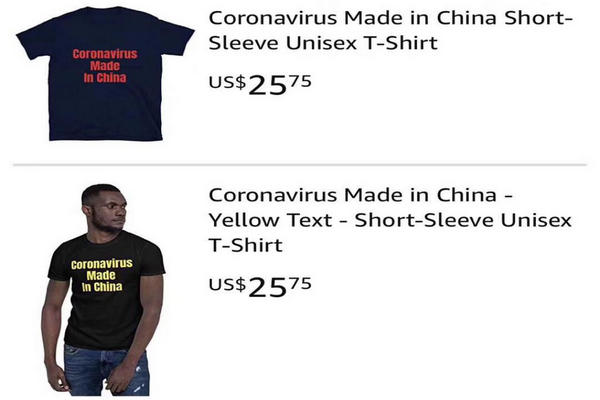 缩略图 | 亚马逊再曝售卖辱华商品：“Coronavirus Made In China”印在T 恤衫、连帽衫、水杯等商品！